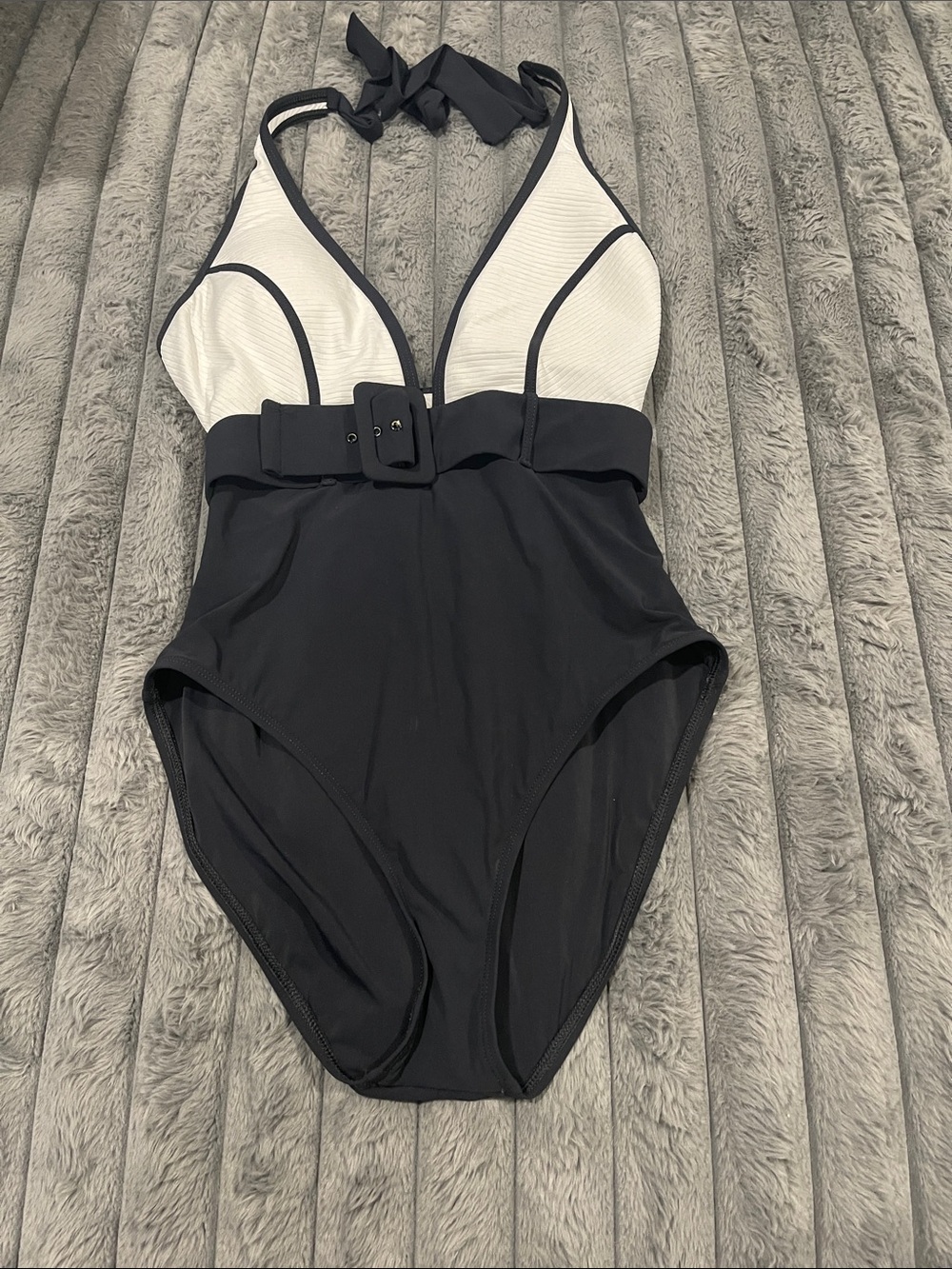La Blanca Black and White Halter One-Piece Swimsuit with Belt